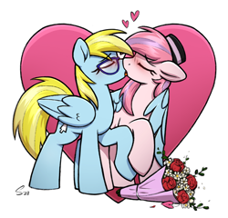 Size: 3372x3243 | Tagged: safe, artist:selenophile, derpibooru import, oc, oc only, oc:cloud cuddler, oc:sweet haze, earth pony, pegasus, pony, blushing, eyes closed, female, femboy, flower, glasses, hat, heart, hearts and hooves day, holiday, hoof hold, kiss on the lips, kissing, male, mare, simple background, stallion, straight, valentine's day, white background