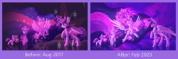 Size: 4000x1330 | Tagged: safe, artist:shad0w-galaxy, derpibooru import, princess twilight 2.0, twilight sparkle, twilight sparkle (alicorn), unicorn twilight, alicorn, pony, unicorn, the last problem, age progression, before and after, book, chest fluff, comparison, draw this again, ear fluff, ears, ethereal mane, female, fluffy, force field, high res, hooves, magic, mare, multeity, older, older twilight, redraw, reflection, solo, starry mane, unshorn fetlocks, watermark