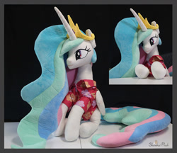 Size: 1280x1105 | Tagged: safe, artist:shunnkai, derpibooru import, princess celestia, alicorn, pony, between dark and dawn, clothes, crown, female, folded wings, irl, jewelry, mare, photo, plushie, regalia, shirt, sitting, solo, wings