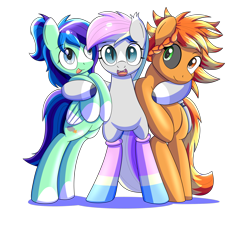 Size: 2000x1833 | Tagged: safe, artist:trackheadtherobopony, derpibooru import, oc, bat pony, cyborg, pegasus, pony, bipedal, cyborg pony, female, group hug, hug, mare, simple background, transparent background, trio, trio female