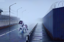 Size: 2560x1707 | Tagged: safe, artist:adagiostring, derpibooru import, oc, oc only, oc:blackjack, pony, unicorn, fallout equestria, fallout equestria: project horizons, barbed wire, crossover, cute, fanart, fanfic art, female, fog, mare, solo, study, walking