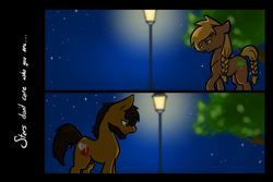 Size: 1280x853 | Tagged: safe, artist:sinclair2013, derpibooru import, oc, oc only, oc:cutter, oc:heartree, earth pony, pony, duo, female, lamppost, male, mare, night, nudity, sheath, stallion