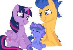 Size: 1079x741 | Tagged: safe, artist:cosmicart16, derpibooru import, flash sentry, twilight sparkle, twilight sparkle (alicorn), oc, alicorn, pegasus, pony, colt, eyes closed, family, female, flashlight, foal, male, mare, offspring, parent:flash sentry, parent:twilight sparkle, parents:flashlight, shipping, simple background, sitting, smiling, stallion, straight, white background