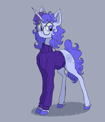 Size: 1193x1378 | Tagged: safe, artist:paskanaakka, derpibooru exclusive, derpibooru import, oc, oc only, oc:midnight dew, pony, unicorn, clothes, colored hooves, ear fluff, ears, female, glasses, gray background, mare, round glasses, simple background, solo, sweater, turtleneck, unshorn fetlocks