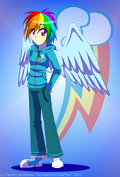 Size: 1672x2458 | Tagged: safe, artist:inuhoshi-to-darkpen, derpibooru import, rainbow dash, human, clothes, gradient background, humanized, light skin, solo, wings