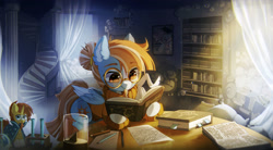 Size: 1920x1060 | Tagged: safe, artist:astralblues, derpibooru import, sunburst, oc, oc only, pegasus, pony, book, bookshelf, clothes, curtains, figurine, glasses, pencil, reading, solo, stairs, sundial, sweater, test tube, window