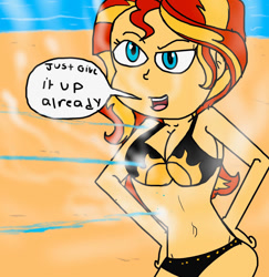 Size: 1024x1055 | Tagged: safe, artist:p250rhb2, derpibooru import, sunset shimmer, equestria girls, beach, bikini, breasts, cleavage, clothes, female, solo, speech bubble, swimsuit