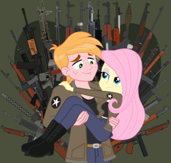 Size: 1000x952 | Tagged: safe, anonymous artist, artist:edy_january, derpibooru import, edit, big macintosh, fluttershy, human, equestria girls, equestria girls series, assault rifle, bedroom eyes, big breasts, boots, breasts, bridal carry, carrying, clothes, female, fluttermac, girls und panzer, gun, heart, heart background, holding, holiday, hootershy, jacket, link, link in description, looking at each other, looking at someone, machine gun, male, marine, marines, military, military uniform, rifle, saunders, shipping, shoes, smiling, smiling at each other, soldier, solo, straight, the legend of zelda, uniform, united states, usmc, valentine's day, vector, vector edit, weapon