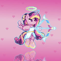 Size: 1350x1350 | Tagged: safe, artist:marioga87512515, derpibooru import, princess cadance, alicorn, pony, arrow, bow (weapon), bow and arrow, clothes, cupid, cupidance, dress, female, gradient background, halo, heart, magic, magic aura, mare, pixel art, reflection, solo, weapon