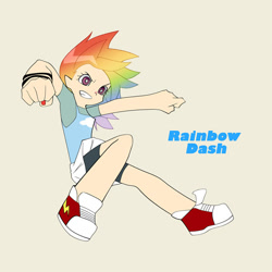 Size: 600x600 | Tagged: safe, artist:mirakurunaito, derpibooru import, part of a set, rainbow dash, human, beige background, grin, humanized, light skin, panty and stocking with garterbelt, simple background, smiling, solo, style emulation