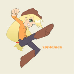 Size: 600x600 | Tagged: safe, artist:mirakurunaito, derpibooru import, part of a set, applejack, human, applejack's hat, beige background, clothes, cowboy hat, hat, humanized, light skin, panty and stocking with garterbelt, simple background, solo, style emulation