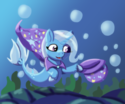 Size: 1800x1500 | Tagged: safe, artist:the crystal artist, derpibooru exclusive, derpibooru import, trixie, seapony (g4), unicorn, bubble, cape, clothes, colored hooves, crepuscular rays, cute, diatrixes, digital art, dorsal fin, female, fish tail, flowing tail, happy, hat, horn, lineless, mare, ocean, open mouth, purple eyes, raised hoof, raised leg, rock, seaponified, seapony trixie, seaweed, shading, smiling, solo, species swap, sunlight, swimming, tail, trixie's cape, trixie's hat, underwater, unshorn fetlocks, water, wet