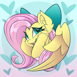 Size: 2500x2500 | Tagged: safe, artist:starcasteclipse, derpibooru import, fluttershy, pegasus, pony, bow, bust, cute, ear fluff, ears, female, gradient background, hair bow, heart, looking at you, mare, open mouth, open smile, shyabetes, smiling, smiling at you, solo