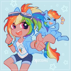 Size: 1937x1912 | Tagged: safe, artist:owzcean, derpibooru import, rainbow dash, human, pony, ><, eared humanization, emanata, eyes closed, goggles, goggles on head, human ponidox, humanized, kotobukiya, kotobukiya rainbow dash, moderate dark skin, open mouth, open smile, pointing, self paradox, self ponidox, smiling