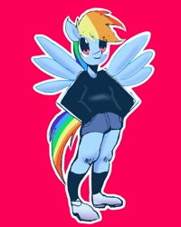 Size: 1080x1350 | Tagged: safe, artist:pgabriel01, derpibooru import, rainbow dash, anthro, pegasus, plantigrade anthro, female, red background, simple background, solo