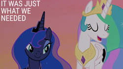 Size: 2000x1125 | Tagged: safe, derpibooru import, edit, edited screencap, editor:quoterific, screencap, princess celestia, princess luna, alicorn, pony, a royal problem, season 7, crown, duo, duo female, eyebrows, eyes closed, female, folded wings, jewelry, mare, open mouth, open smile, regalia, royal sisters, siblings, sisters, smiling, sunset, swapped cutie marks, talking, wings
