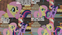 Size: 2000x1125 | Tagged: safe, derpibooru import, edit, edited screencap, editor:quoterific, screencap, fluttershy, twilight sparkle, unicorn twilight, pegasus, pony, unicorn, a bird in the hoof, balloon, cake, coward, cute, food, shyabetes, twiabetes