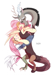 Size: 1633x2257 | Tagged: safe, artist:sweet julien, derpibooru import, discord, fluttershy, draconequus, pegasus, pony, 2021, discoshy, ears, emotional, female, floppy ears, holding, holding a pony, hug, male, old art, one eye closed, shipping, simple background, straight, white background