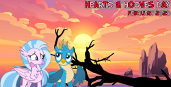 Size: 2064x1049 | Tagged: safe, artist:cloudyglow, artist:dashiesparkle, artist:not-yet-a-brony, derpibooru import, gallus, silverstream, griffon, hippogriff, 2023, beach, cloud, driftwood, february, female, friends, friendship, gallstream, hearts and hooves day, holiday, implied shipping, lyrics in the description, male, ocean, rock, shipping, song in the description, song reference, straight, sun, tree branch, valentine's day, water, youtube link in the description