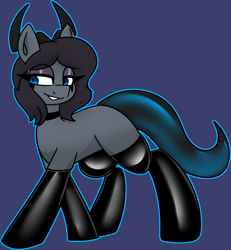 Size: 1847x1995 | Tagged: safe, artist:maracoarco, derpibooru import, oc, oc:meer, demon, demon pony, pony, clothes, demon horns, eyelashes, eyeliner, eyeshadow, female, horns, latex, lidded eyes, makeup, mare, smiling, socks, solo