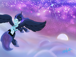 Size: 2000x1500 | Tagged: safe, derpibooru import, princess luna, oc, oc:snowdrop, alicorn, pegasus, moon, stars