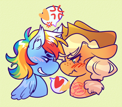 Size: 1500x1320 | Tagged: safe, artist:makanioverlord, derpibooru import, applejack, rainbow dash, earth pony, pegasus, pony, appledash, applejack's hat, blushing, clothes, cowboy hat, female, hat, lesbian, shipping