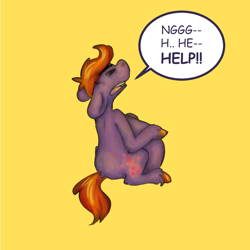 Size: 1000x1000 | Tagged: safe, artist:lilsunshinesam, derpibooru import, oc, oc:brewing bottles, earth pony, pony, belly, big belly, commission, commissioner:reversalmushroom, earth pony oc, fetish, funny, grimdark source, imminent death, implied sandman, meme, parody, pony oc, simple background, vore, yellow background