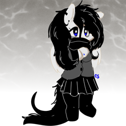 Size: 1081x1081 | Tagged: safe, artist:cutiesparke, derpibooru import, oc, oc only, oc:ocean eyes, pegasus, semi-anthro, bags under eyes, black mane, blue eyes, clothes, ear piercing, earring, female, gradient background, hoof heart, jewelry, piercing, scarf, skirt, solo, underhoof, white fur