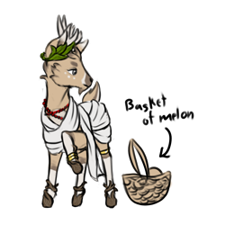 Size: 2048x2048 | Tagged: safe, artist:multiverseequine, derpibooru exclusive, derpibooru import, oc, oc only, oc:hemmingway, deer, pony, antlers, bangles, basket, beads, clothes, daybreak island, food, full body, gray eyes, laurel wreath, male, melon, shoes, simple background, socks, solo, text, toga, transparent background