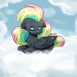 Size: 1000x1000 | Tagged: safe, artist:silverfir, derpibooru import, oc, oc only, pegasus, pony, cloud, ears, eyes closed, eyeshadow, floppy ears, folded wings, lying, makeup, sky, sleeping, solo, wings