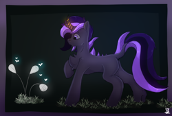 Size: 4000x2700 | Tagged: safe, artist:vizitek, derpibooru import, oc, fly, insect, kirin, butt, chest fluff, crystal, crystal hair, crystal tail, dock, flower, glowing, glowing horn, grass, horn, kirin oc, light, plot, simple background, solo, tail