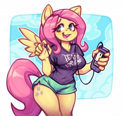 Size: 1400x1313 | Tagged: safe, artist:goobone, derpibooru import, fluttershy, anthro, pegasus, clothes, death grips, shirt, shorts, simple background, smiling, solo, sports shorts, t-shirt, thighs, white background