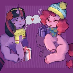 Size: 2048x2048 | Tagged: safe, artist:stanleyiffer, derpibooru import, pinkie pie, twilight sparkle, twilight sparkle (alicorn), alicorn, earth pony, pony, blushing, clothes, eyes closed, female, hat, heart, lesbian, scarf, shipping, sitting, smiling, twinkie