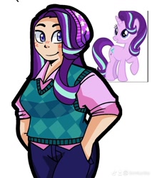 Size: 912x1071 | Tagged: safe, artist:binturita, derpibooru import, starlight glimmer, human, pony, unicorn, equestria girls, clothes, simple background, smiling, standing, white background