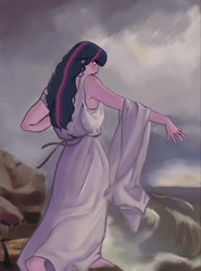 Size: 1280x1734 | Tagged: safe, artist:cardigansandcats, derpibooru import, twilight sparkle, human, equestria girls, barefoot, clothes, feet, fine art parody, painting, side view, solo, standing, the death of sappho