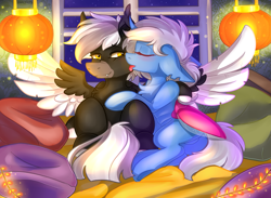 Size: 2801x2046 | Tagged: safe, alternate version, artist:yuris, derpibooru import, oc, oc:midnight serenity, bat pony, changeling, pegasus, pony, bed, changeling oc, chinese lantern, commission, ears, ears up, fangs, female, floppy ears, frog (hoof), garland, lantern, male, night, open mouth, paper lantern, pillow, room, smiling, spread wings, telling lies, tongue, tongue out, underhoof, window, wings