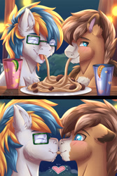 Size: 3000x4500 | Tagged: safe, artist:fkk, derpibooru import, oc, oc only, oc:acer runner, oc:barnstorme, hybrid, pegasus, pony, blushing, chest fluff, commission, ear fluff, ears, fangs, gay, glasses, holiday, hybrid oc, kissing, love, male, oc x oc, shipping, shy, stallion, valentine's day, ych result