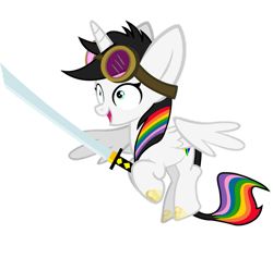 Size: 917x871 | Tagged: safe, artist:goldenfoxda, derpibooru import, oc, oc:lightning bliss, aviator goggles, cute, goggles, katana, ocbetes, simple background, sword, transparent background, weapon