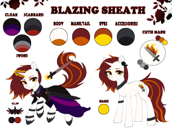 Size: 4312x3280 | Tagged: safe, artist:avrameow, derpibooru import, oc, oc only, oc:blazing sheath, pony, unicorn, chest fluff, clasp, clothes, ear fluff, ear piercing, earring, ears, eyebrows, eyeshadow, female, highlights, horn, jewelry, leg fluff, leg rings, looking at you, magic, magic aura, makeup, mare, piercing, reference sheet, robe, scabbard, shoes, simple background, sword, text, transparent background, unicorn oc, weapon