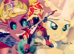 Size: 1024x746 | Tagged: safe, artist:wakanqi10, derpibooru import, sunset satan, sunset shimmer, demon, human, equestria girls, clothes, daydream shimmer, female, guitar, musical instrument, ponied up, solo