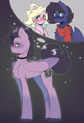 Size: 2319x3388 | Tagged: safe, artist:pledus, derpibooru import, oc, oc only, oc:fenris ebonyglow, oc:kara waypoint, earth pony, pegasus, blushing, clothes, ear piercing, earring, female, fusion, jewelry, male, mare, necklace, piercing, scarf, scrunchy face, simple background, stallion, thought bubble