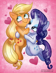 Size: 600x777 | Tagged: safe, artist:marybellamy, derpibooru import, applejack, rarity, earth pony, pony, unicorn, blushing, cute, female, heart, jackabetes, lesbian, mare, obtrusive watermark, pink background, raribetes, rarijack, shipping, simple background, watermark, zorilita