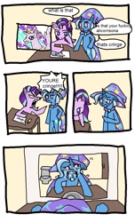 Size: 671x1101 | Tagged: safe, artist:c4n4ry0nl1n3, derpibooru import, starlight glimmer, trixie, oc, alicorn, pony, unicorn, bipedal, comic, crying, meme, reflection, spongebob squarepants, vulgar, you're cringe