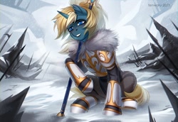 Size: 2048x1411 | Tagged: safe, artist:fenwaru, derpibooru import, oc, oc only, oc:maple parapet, unicorn, armor, snow, weapon