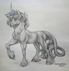 Size: 2097x2160 | Tagged: safe, artist:dementra369, derpibooru import, oc, oc only, pony, unicorn, chest fluff, curved horn, grayscale, horn, leonine tail, monochrome, solo, tail, tail fluff, traditional art, unshorn fetlocks