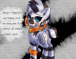 Size: 1281x1000 | Tagged: safe, artist:pinkdoesstuff, derpibooru import, zecora, zebra, blushing, butt, cute, female, implied anon, looking at you, looking back, photo, plot, rhyme, signature, smiling, smiling at you, solo, solo focus, zecorable