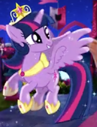 Size: 614x807 | Tagged: artist needed, source needed, safe, derpibooru import, twilight sparkle, twilight sparkle (alicorn), alicorn, magical mystery cure, beautiful, commercial, crown, cute, element of magic, female, flying, hoof shoes, i can't believe it's not hasbro studios, jewelry, necklace, princess shoes, real life background, regalia, sparkles, sparkling, wings