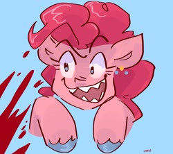 Size: 2048x1820 | Tagged: safe, artist:dmitrymemovznok, derpibooru import, pinkie pie, earth pony, pony, blood, sharp teeth, smiling, solo, teeth, unshorn fetlocks