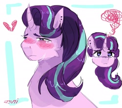 Size: 2048x1820 | Tagged: safe, artist:dmitrymemovznok, derpibooru import, starlight glimmer, pony, unicorn, blushing, bust, crying, ear piercing, heart, piercing, simple background, solo, teary eyes