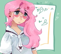 Size: 2048x1820 | Tagged: safe, artist:dmitrymemovznok, derpibooru import, fluttershy, human, equestria girls, blushing, clothes, ear piercing, glasses, heart, light skin, piercing, solo